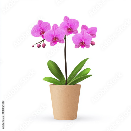 vibrant pink orchid in modern cardboard plant pot on white background