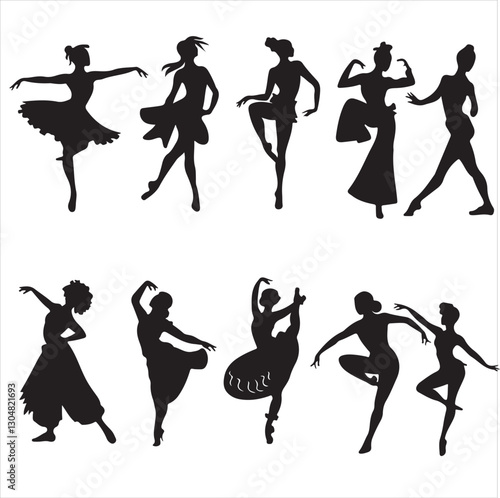 set vector various women dancing, Dancing, Group of people dancing silhouettes