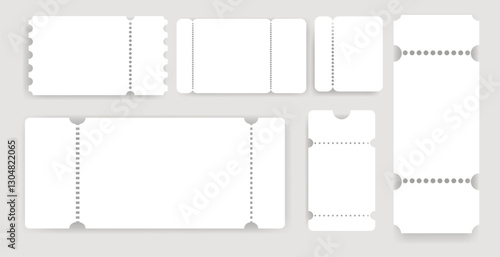 Blank ticket template set with perforated edges set.collection of blank white ticket card templates in various shapes and sizes for event, coupons, invitations,custom designs.Vector illustration