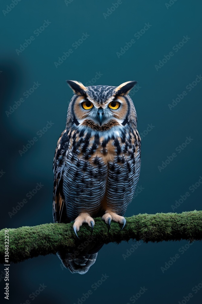Majestic owl perched on mossy branch, showcasing striking feathe Majestic owl perched on mossy branch, showcasing striking feathe