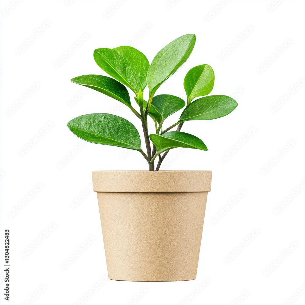 small green plant with rounded leaves in simple cardboard pot on white background small green plant with rounded leaves in simple cardboard pot on white background