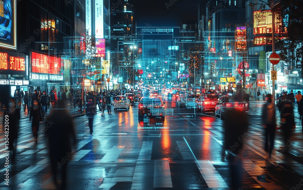 custom made wallpaper toronto digitalTech surveillance in a busy urban environment, AI facial recognition scanning people on city street at night, digital interface showing personal data overlays