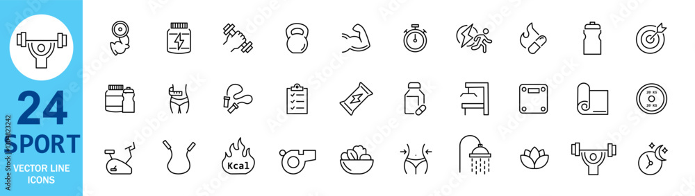 Editable Fitness Icon Set: Physical Activity, Nutrition, and Sports Equipment