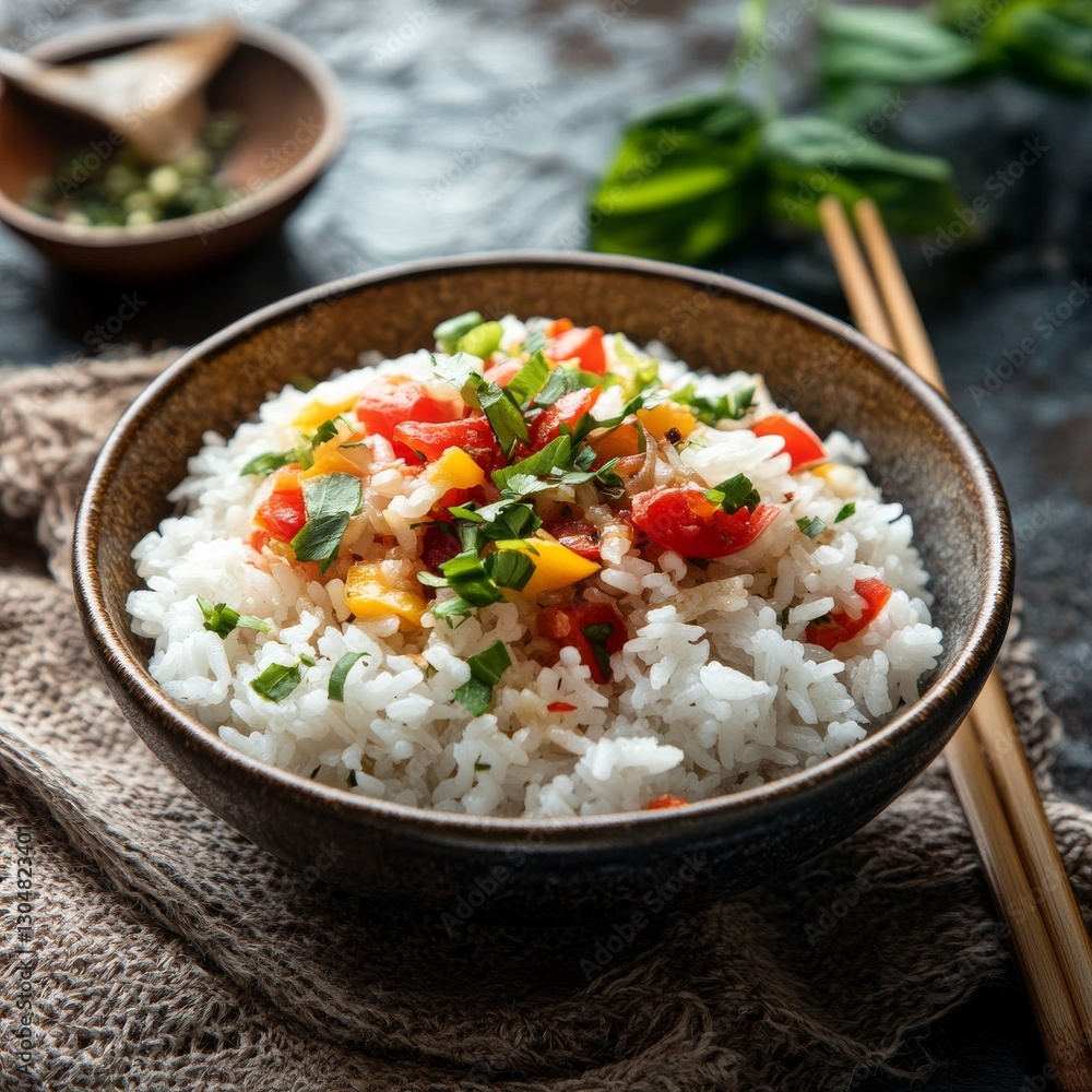 Delicious Rice Bowl Topped with Fresh Vegetables, A Healthy and Colorful Asian Cuisine Experience. Delicious Rice Bowl Topped with Fresh Vegetables, A Healthy and Colorful Asian Cuisine Experience.