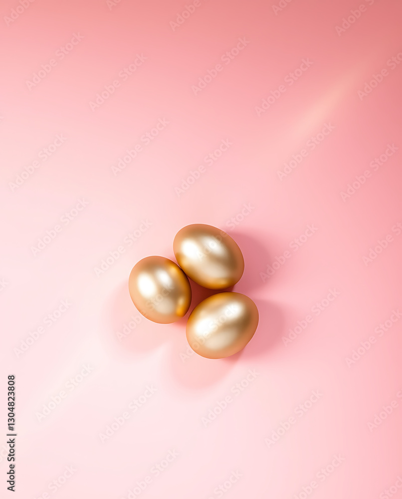 A minimalist three golden metallic Easter eggs on pastel pink background. Cast bronze surface, natural earth tones, browns, beiges, muted colors, antique patina A minimalist three golden metallic Easter eggs on pastel pink background. Cast bronze surface, natural earth tones, browns, beiges, muted colors, antique patina