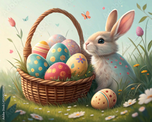 Easter eggs in basket with rabbit. Easter Bunny and colorful eggs generative ai illustration. Easter is a Christian holiday that celebrates the belief in the resurrection of Jesus Christ