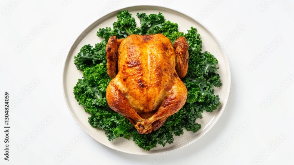 Overhead View of Roasted Chicken with Kale Garnish on White Plate Overhead View of Roasted Chicken with Kale Garnish on White Plate