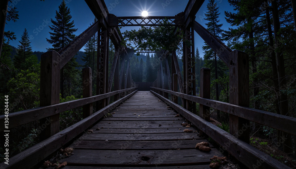 Obraz premium Eerie wooden bridge under moonlight in forest, decay and mystery