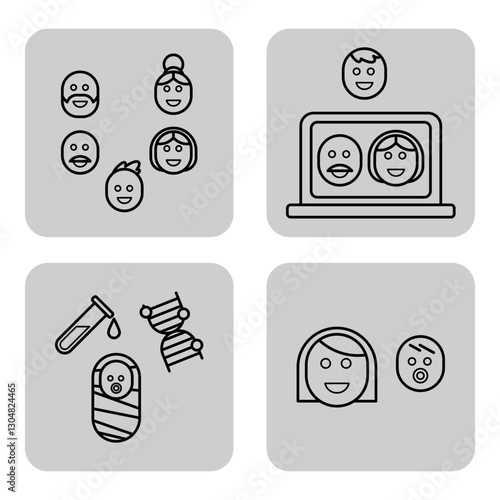 Collection of various line icons representing friendly faces, online communication, health care, and family themes. Ideal for digital designs or educational materials