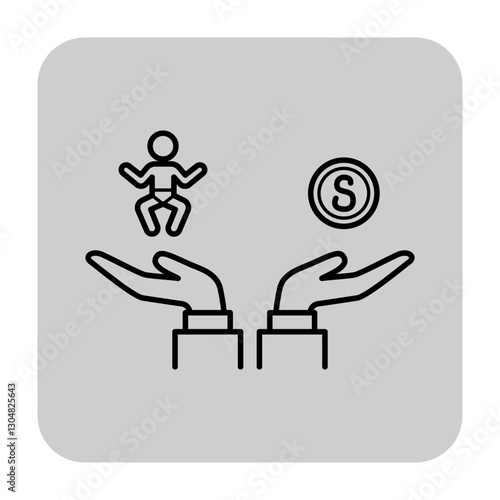 Two hands holding child and dollar sign. Balance between nurturing responsibilities and financial obligations concept