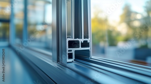 Metal profile of window, showing internal reinforcement structure and blurry outdoor view