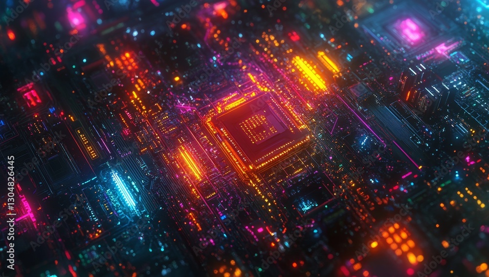 Obraz premium Neon Circuit Board with Central Processor