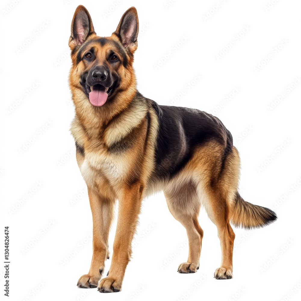 Majestic German Shepherd Standing Proudly: A Stunning Portrait on Clean White Backdrop, showcasing its beautiful coat. Majestic German Shepherd Standing Proudly: A Stunning Portrait on Clean White Backdrop, showcasing its beautiful coat.