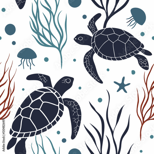 This mesmerizing tropical pattern offers a unique and evocative interpretation of underwater life. Stylized sea turtles and bioluminescent plankton create a sophisticated and visually stimulating des