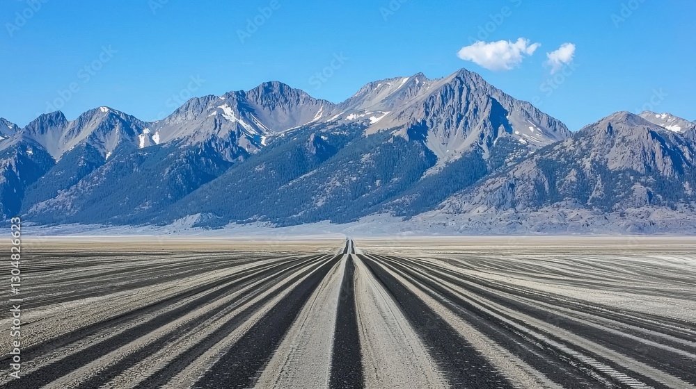 Fototapeta premium Vast Geometric Plain Leading to Snow Capped Mountains Under a Clear Blue Sky