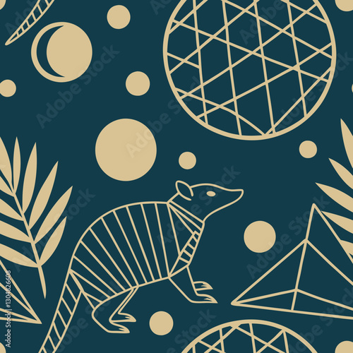 Elegant abstract pattern with geometric shapes rendered in a limited teal and gold palette. Floating orbs and fragmented lines create a sense of depth and mystery against the dark navy backdrop.