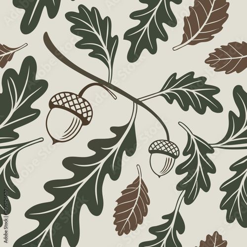 Elegant organic pattern with leaves and branches rendered in forest green and earth brown. Acorns and vines add a touch of natural detail against the bark texture background.