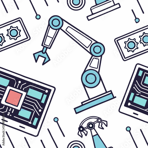 Cutting-edge industrial pattern with futuristic technology and cyberpunk elements rendered in neon blue and chrome. Holographic displays and robotic arms add a futuristic touch against the circuit bo