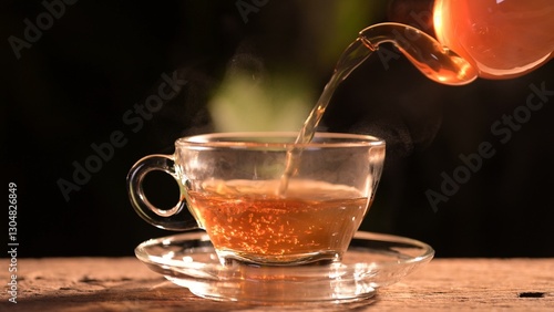 Pouring freshly brewed tea into a glass cup cozy kitchen setting high-quality image warm atmosphere close-up view relaxation concept for tea lovers