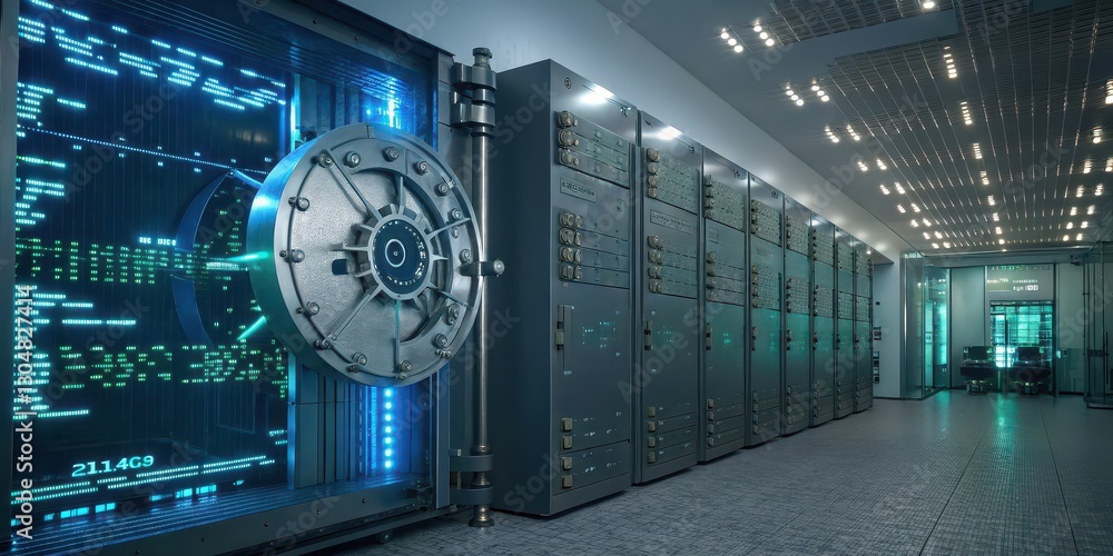Fototapeta premium A high-tech data center featuring a large vault door and rows of servers, illuminated by blue lights, suggesting robust security and advanced technology.