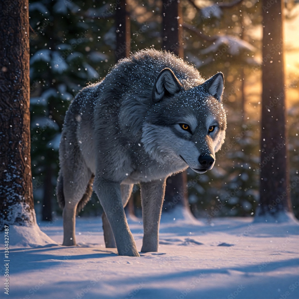 Fototapeta premium Gray Wolf Walking Through Snowy Forest at Sunset, Winter Wildlife Scene