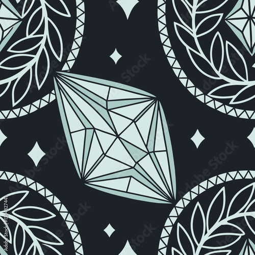 Elegant geometric pattern with sharp edges and faceted surfaces rendered in icy blue and silver. Refracted light beams and geometric prisms add a touch of brilliance against the black velvet backgrou