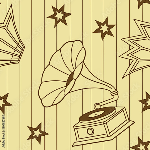 Groovy vintage pattern with abstract shapes rendered in mustard yellow and avocado green. Record players and atomic starbursts add a touch of retro charm against the wood paneling background.