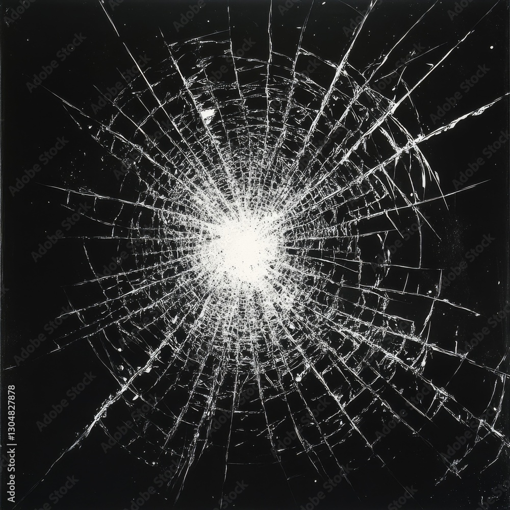 Fototapeta premium Shattered Glass: Radial Cracks and Splintered Impact on a Black Surface, a Visual Study of Fracture and Damage.