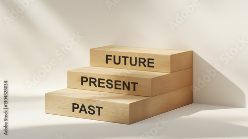 Future, present, past - words on wooden blocks. Three wood blocks stacking as step stairs. 