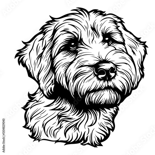 Barbet Dog Detailed black and white illustration of a labradoodle puppy with intricate fur patterns