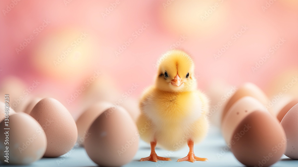 Soft pastel fluffy chick with tiny wings sits among warm-toned eggs against a dreamy pink background, evoking a joyful spring and Easter atmosphere. Soft pastel fluffy chick with tiny wings sits among warm-toned eggs against a dreamy pink background, evoking a joyful spring and Easter atmosphere.