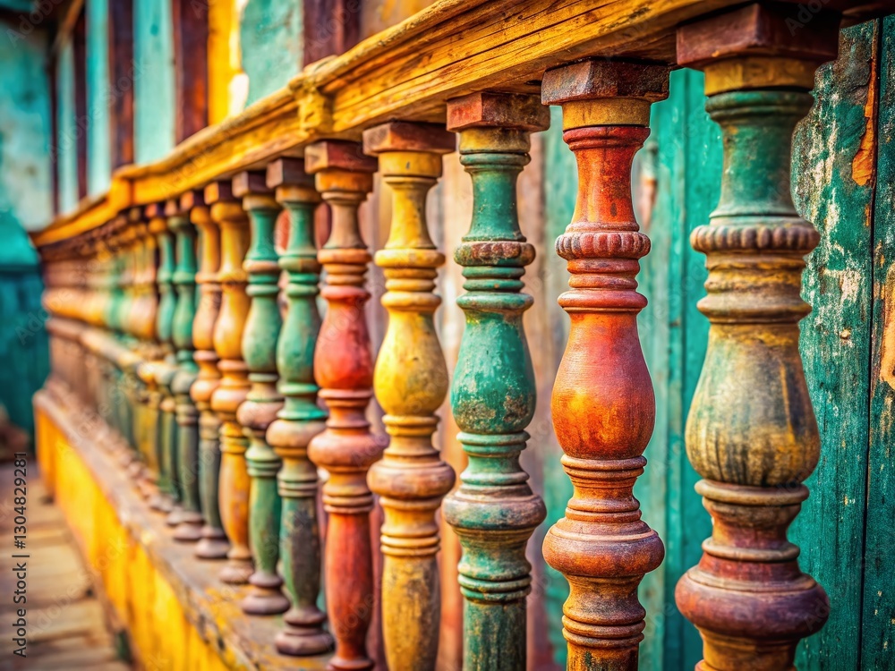Fototapeta premium Vintage Wooden Railing with Balusters - Retro Style Exterior Deck Fence