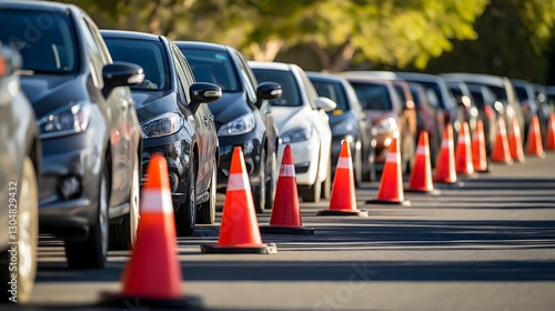 A variety of vehicles are patiently lined up at a local training facility, participating in a driving practice session during the daytime photo