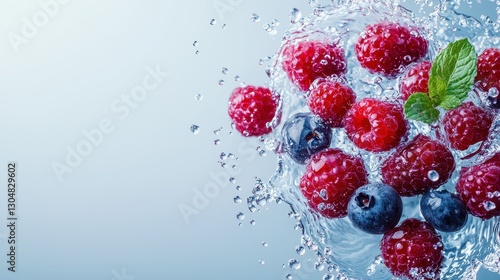 Fresh Berries Splashed in Clear Water with Mint Leaves for Vibrant Healthy Food Concept