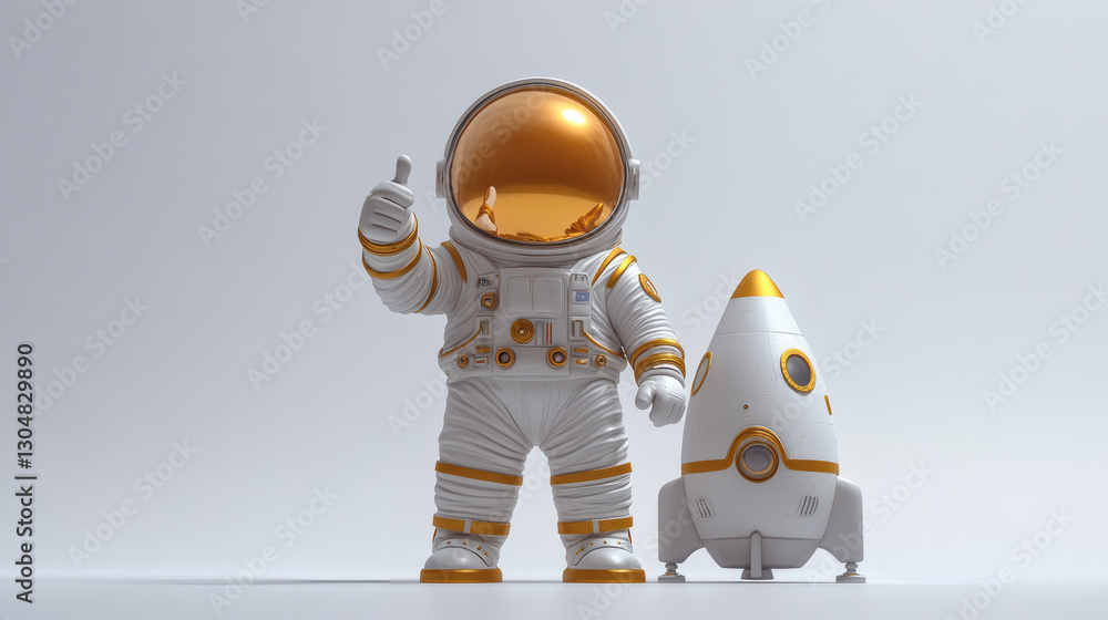 Fototapeta premium 3D White Spacesuit Astronaut With Rocket