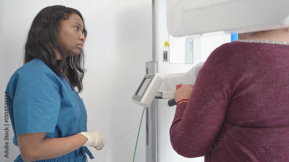 Dental assistant preparing patient for x ray scan Dental assistant preparing patient for x ray scan