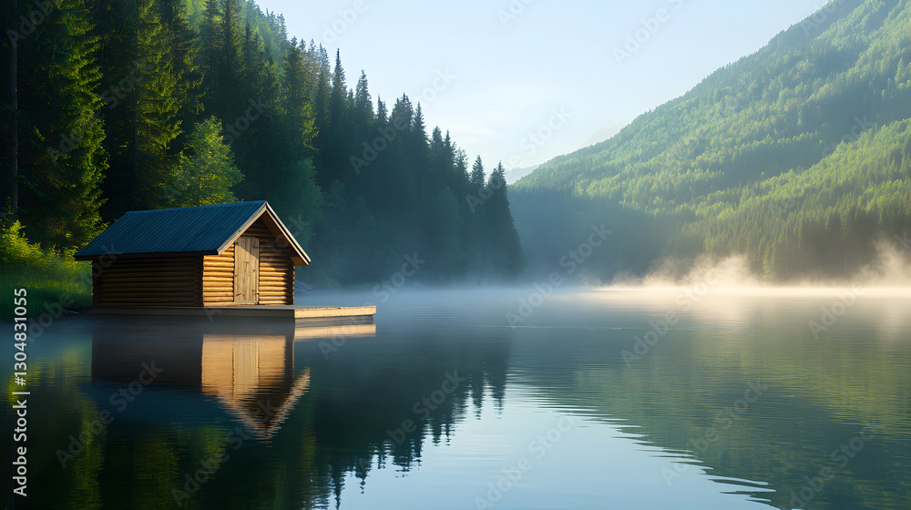 Fototapeta premium A cozy lake house rests on the water's edge, illuminated by the morning light, creating a dreamy and peaceful atmosphere. A perfect image for eco-living and outdoor retreats. Selective focus