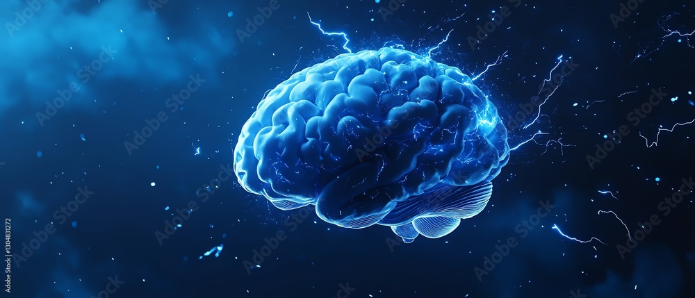 Fototapeta premium 3D white brain illustration on dark blue background, lightning bolts around the brain, stress awareness day theme, ideal for mental health campaigns and healthcare promotions