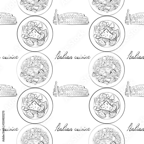 vector seamless pattern line art elements - food, cuisine