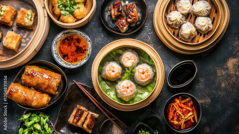 A delicious assortment of dim sum Asian appetizers, including dumplings, spring rolls, shrimp, wontons, and dry ribs, served with flavorful dipping sauces.
A delicious assortment of dim sum Asian appetizers, including dumplings, spring rolls, shrimp, wontons, and dry ribs, served with flavorful dipping sauces.