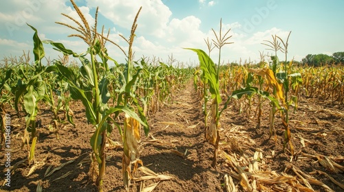 Corn plants wilting in a dry field due to drought and herbicide damage  
