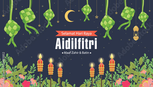 Hari Raya Aidilfitri background design with ketupat. Malay means Fasting day celebration, I seek forgiveness, physically and spiritually.