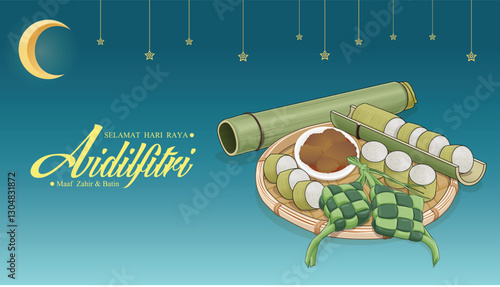 Hari Raya Aidilfitri background design with ketupat, lemang. Malay means Fasting day celebration, I seek forgiveness, physically and spiritually, Lemang means tradisional food for Hari Raya.