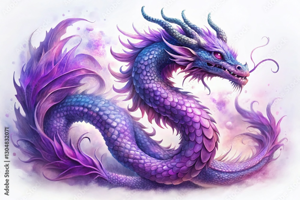 Obraz premium Watercolor Violet Dragon: Elegant Coiled Mythical Creature in Surreal Art