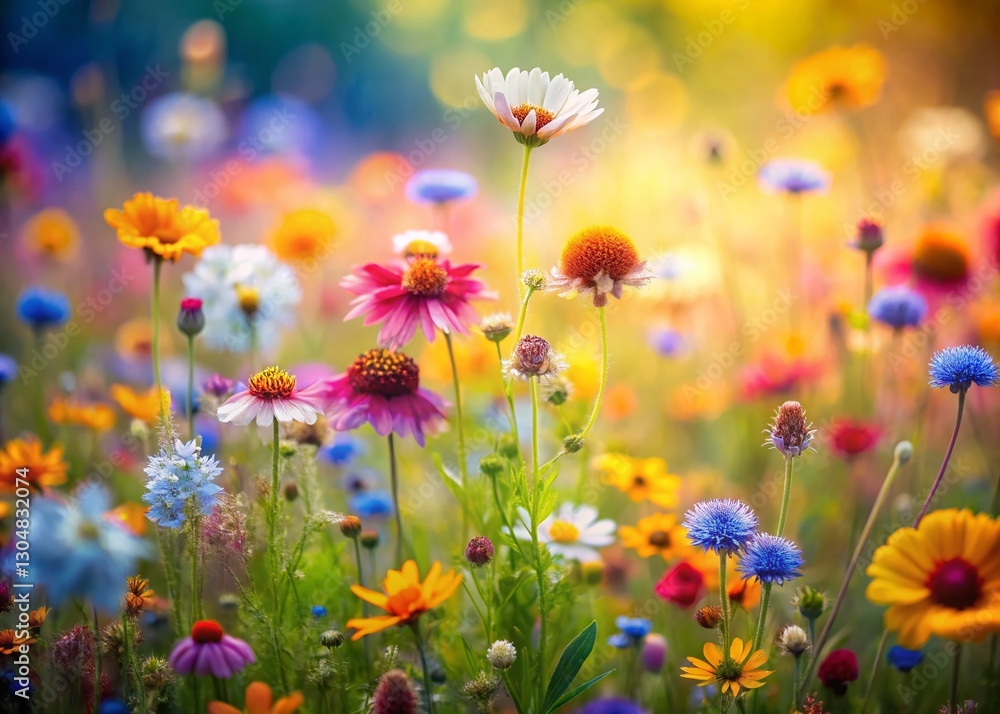 Watercolor Summer Flower Background, Tilt-Shift Miniature Garden, Blooming Floral Meadow Watercolor Summer Flower Background, Tilt-Shift Miniature Garden, Blooming Floral Meadow