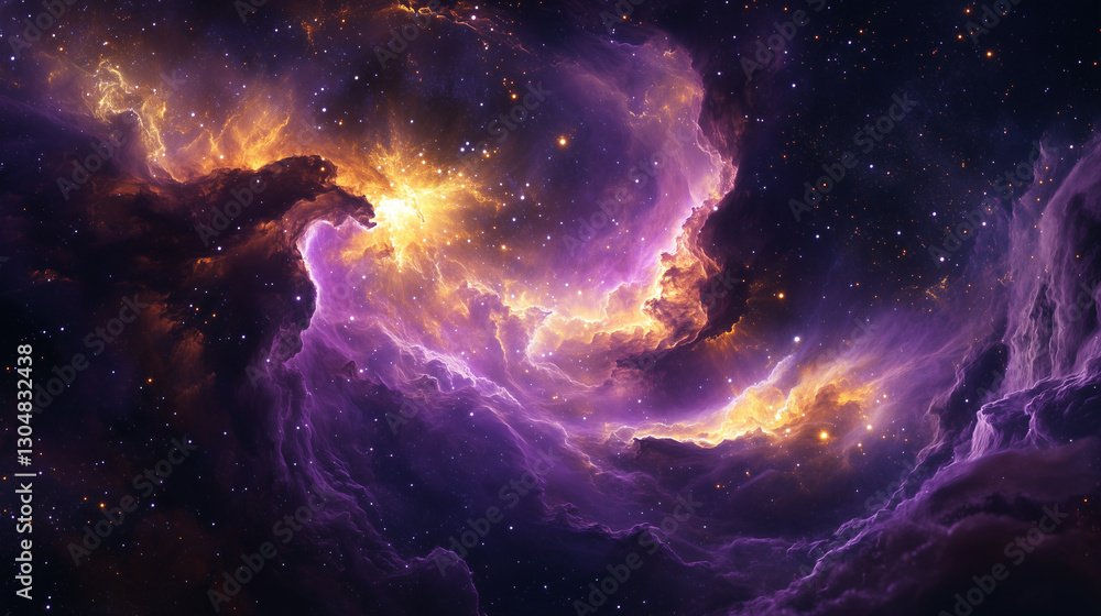 Obraz premium Surreal nebula background Swirling purple and gold interstellar clouds, glittering star clusters, black hole distortion effect