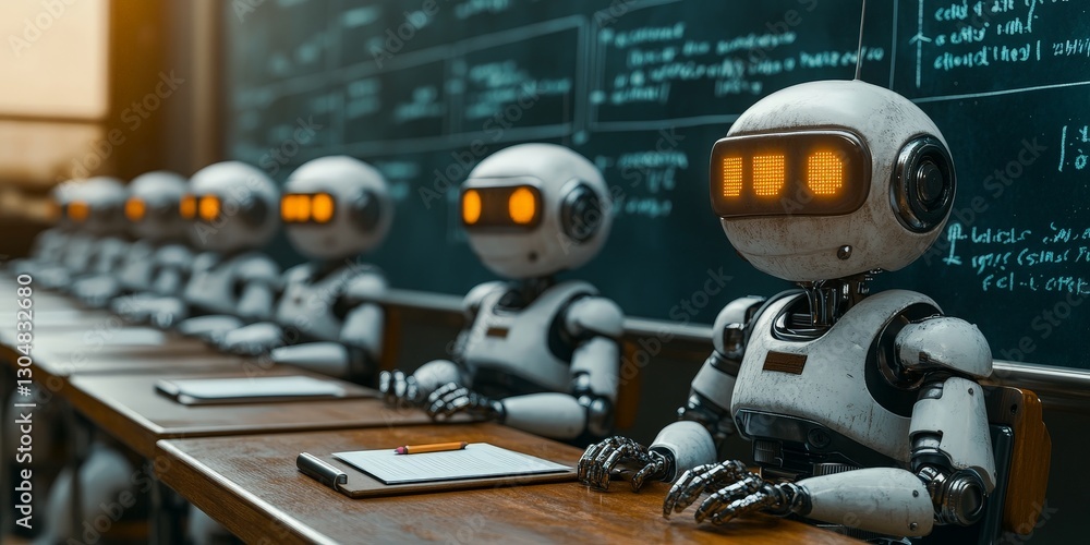 Fototapeta premium Classroom with Robots Learning from Teacher in a Futuristic Education Environment