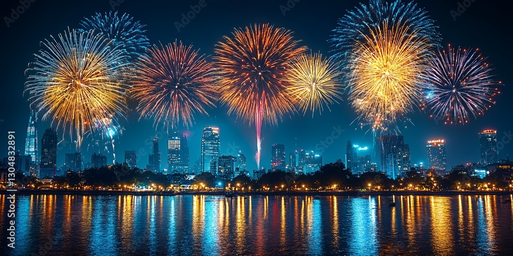 Fototapeta premium Spectacular Fireworks Display Over City Skyline at Night