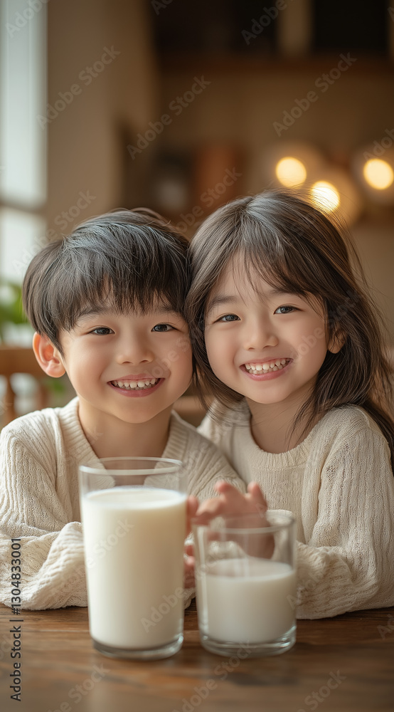 Two smiling children with glasses of milk, enjoying a healthy drink together in a warm and cozy setting. Sibling moment. Two smiling children with glasses of milk, enjoying a healthy drink together in a warm and cozy setting. Sibling moment.