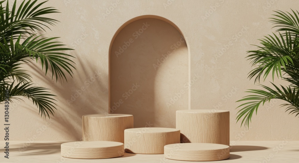 Fototapeta premium A stylish display featuring cylindrical wooden podiums arranged in front of a textured beige wall with an arched alcove